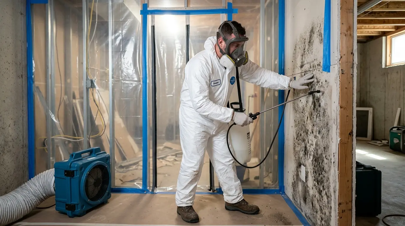 Gold Tech Restoration specialist performing mold remediation in Blue Point